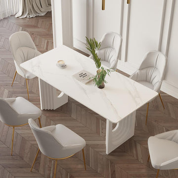 63" Modern Dining Table White Faux Marble Top for 6 Person Double Pedestal Base